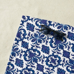 Blue, Purple & White Damask Pattern Beach Towel
