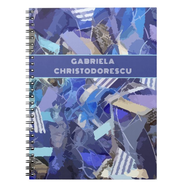 Blue purple white monogram abstract stripe pattern notebook (Front)