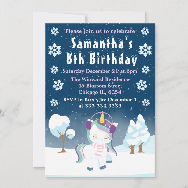 Blue Purple & White Winter Unicorn Birthday Party Invitation (Front)