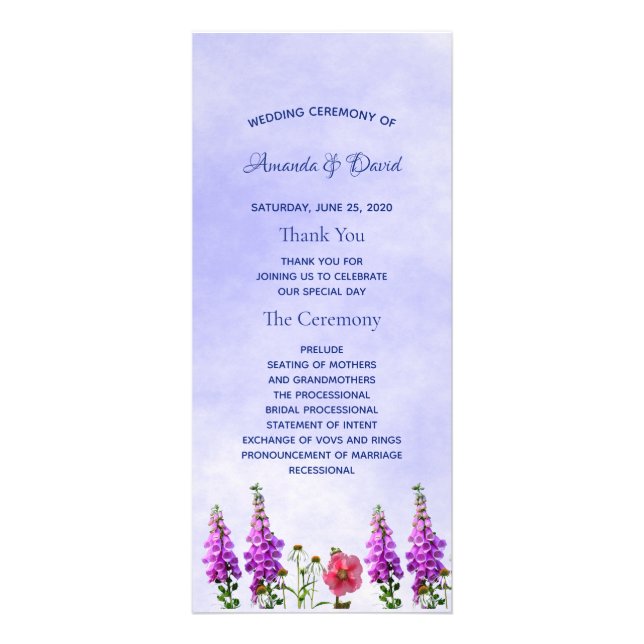 Blue purple wildflowers wedding program rack card (Front)