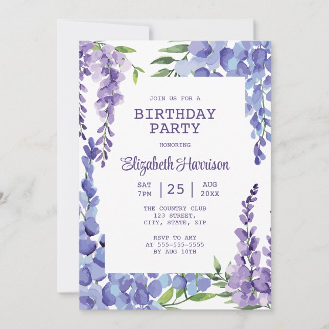 Blue Purple Wisteria Floral Birthday Party Invitation (Front)