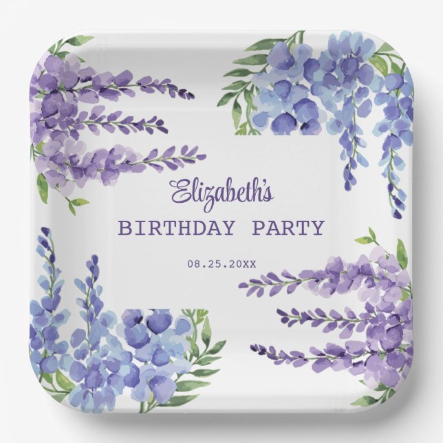 Blue Purple Wisteria Floral Greenery Birthday  Paper Plate (Front)