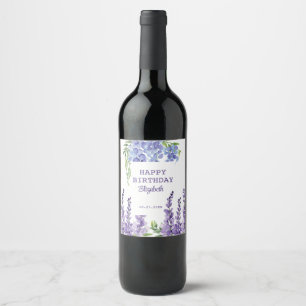 Blue Purple Wisteria Floral Greenery Birthday Wine Label
