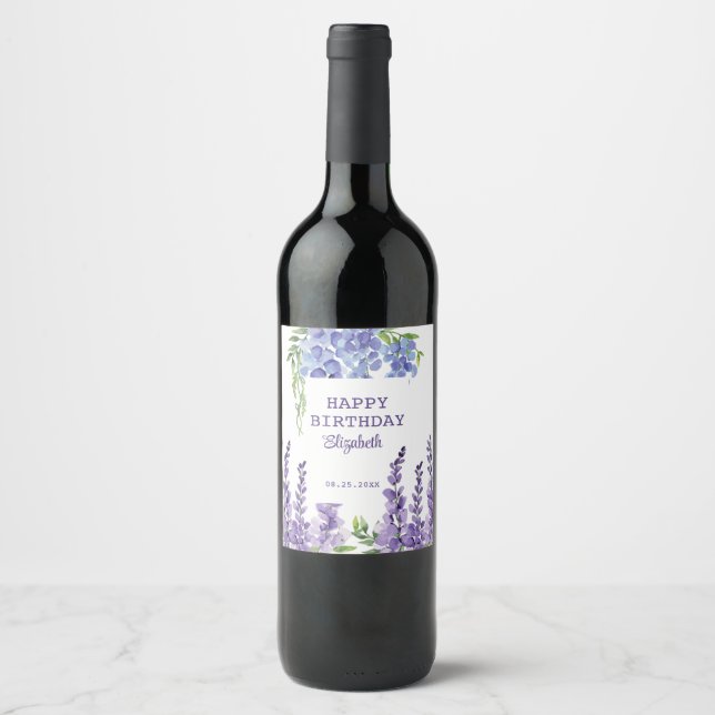 Blue Purple Wisteria Floral Greenery Birthday Wine Label (Front)