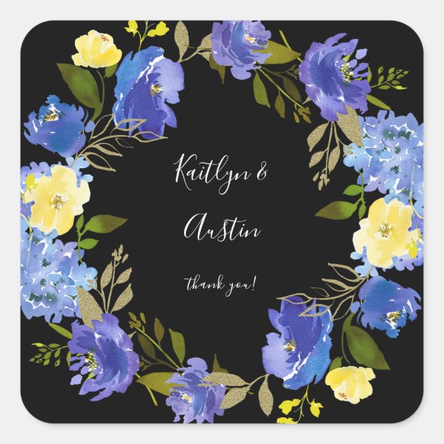 Blue Purple & Yellow Floral - Black Square Sticker (Front)