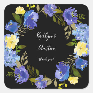 Blue Purple & Yellow Floral - Black Square Sticker