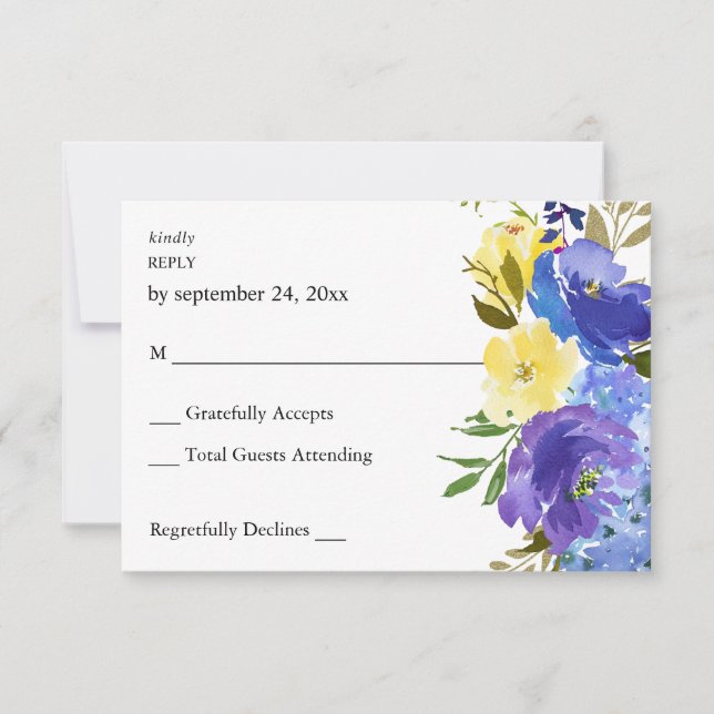 Blue Purple & Yellow Floral RSVP Card (Front)