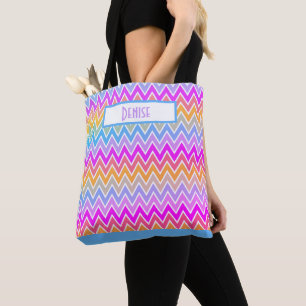 Blue Purple Yellow Rainbow Chevron  Monogrammed   Tote Bag