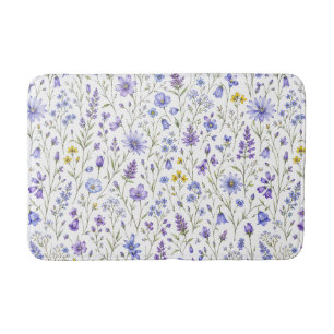 Blue Purple Yellow Watercolor Wildflower Pattern Bath Mat