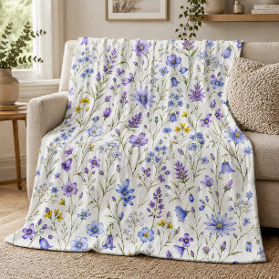 Blue Purple Yellow Watercolor Wildflower Pattern Fleece Blanket
