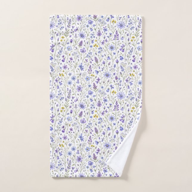 Blue Purple Yellow Watercolor Wildflower Pattern Hand Towel (Hand Towel)