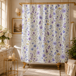 Blue Purple Yellow Watercolor Wildflower Pattern Shower Curtain