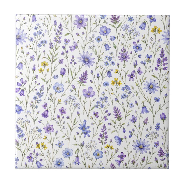 Blue Purple Yellow Watercolor Wildflower Pattern Tile (Front)