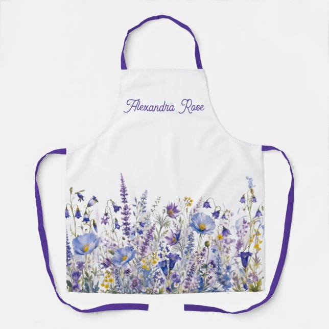 Blue Purple Yellow Wildflower Custom Name Apron (Front)