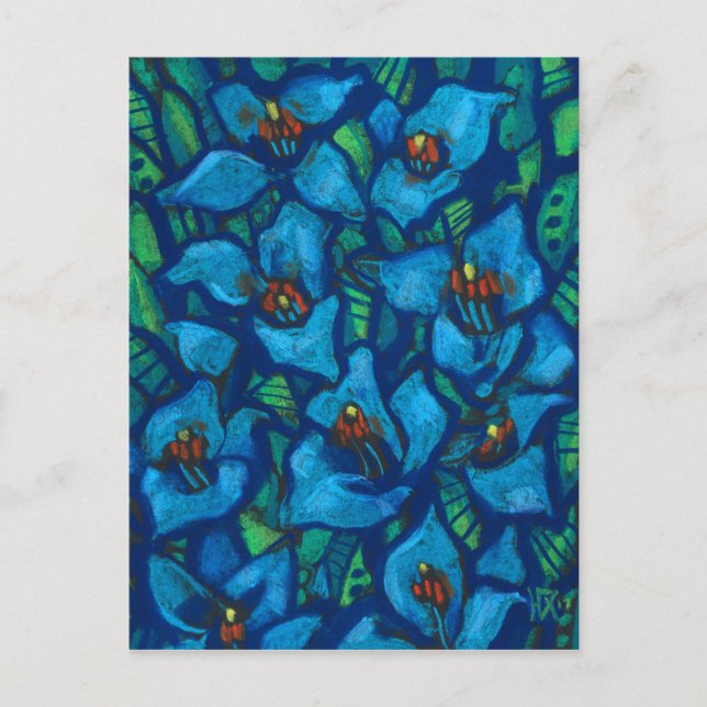 Blue Puya Exotic Flowers Abstract Floral Painting Postcard (Front)