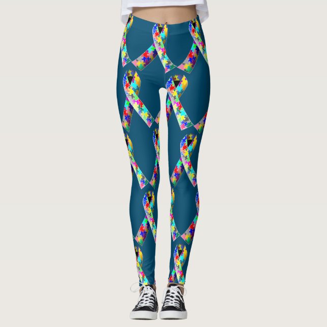 Blue puzzle autism ribbon  leggings (Front)