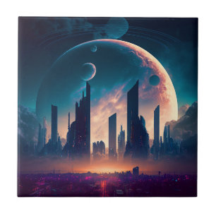 Blue Pyramid Surreal Visionary Art Ceramic Tile