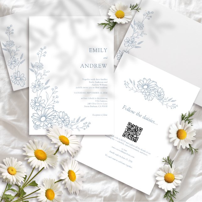Blue QR Code Botanical All In One Wedding Invitation (Creator Uploaded)