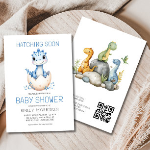 Blue QR Code Dinosaur Hatching Soon Baby Shower Invitation