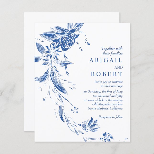 Blue QR code floral BUDGET wedding invitation (Front/Back)
