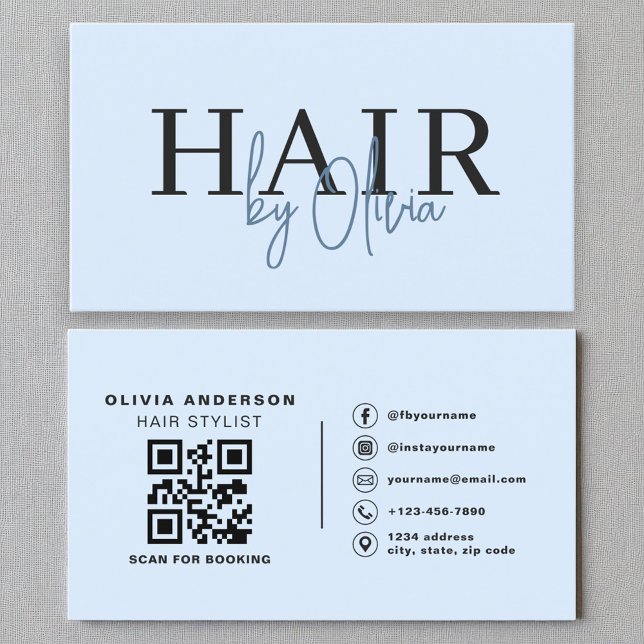 Blue QR Code Hair Stylist Modern Typography  Business Card (Creator Uploaded)