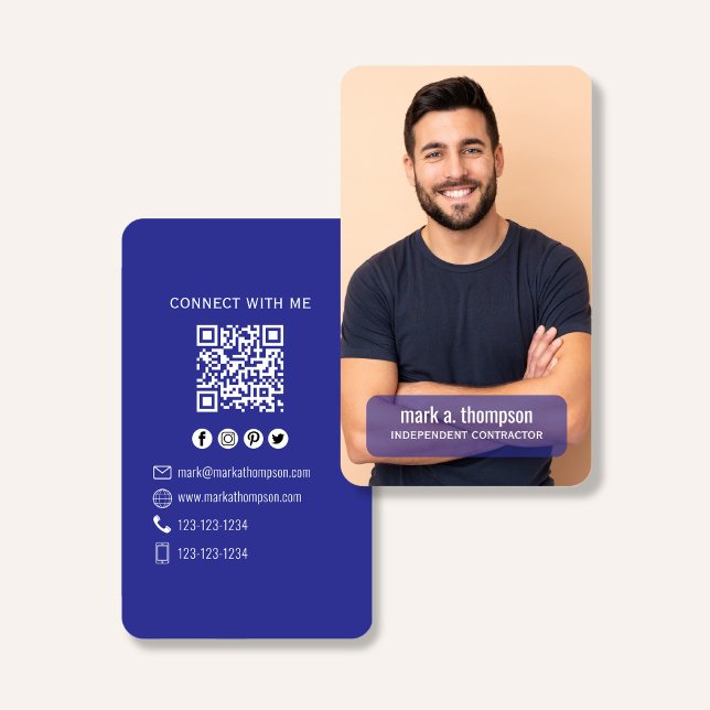 Blue QR Code Photo Connect Modern Minimal Business Card (Navy blue QR code business card with photo and clean modern layout)