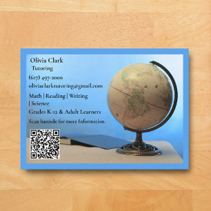Blue QR Code Tutor Teacher Globe & Book Classroom Business Card