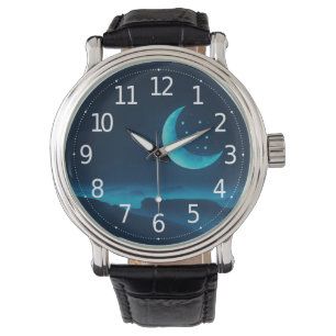 Blue Quarter Moon and Mountains Men's Watch
