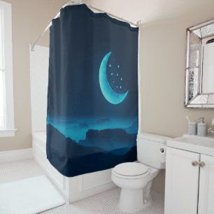 Blue Quarter Moon and Mountains Shower Curtain
