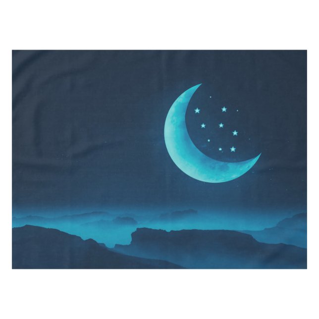 Blue Quarter Moon and Mountains | Tablecloth (Front (Horizontal))