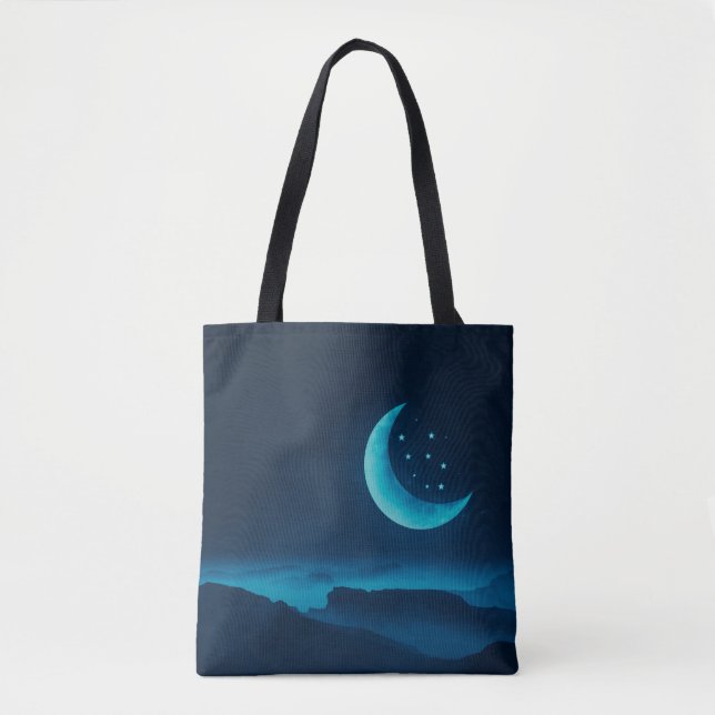Blue Quarter Moon and Mountains | Tote Bag (Front)