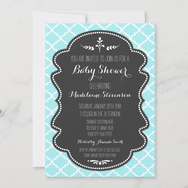 Blue Quatrefoil Baby Shower Invitations (Back)