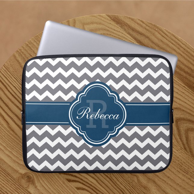 Blue Quatrefoil Monogram Grey Chevron Pattern Laptop Sleeve (Creator Uploaded)