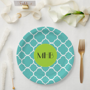 Blue Quatrefoil, Moroccan Trellis, Monogram Paper Plate