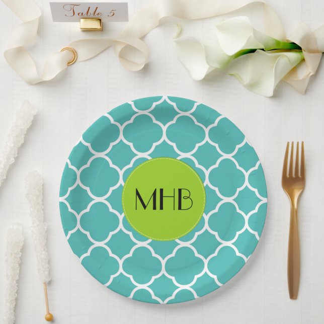 Blue Quatrefoil, Moroccan Trellis, Monogram Paper Plate (Wedding)