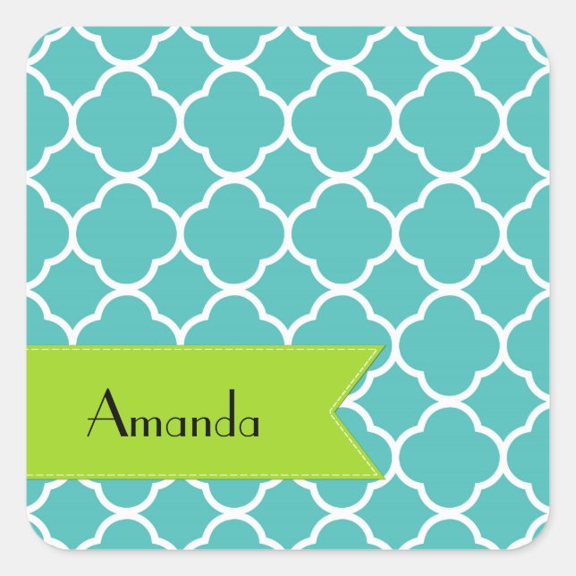 Blue Quatrefoil, Moroccan Trellis, Your Name Square Sticker (Front)