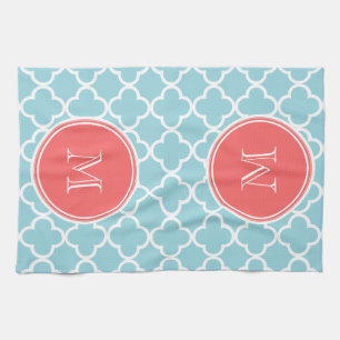 Blue Quatrefoil Pattern, Coral Monogram Tea Towel