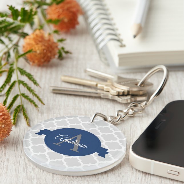 Blue Quatrefoil Personalised Key Ring (Front Right)