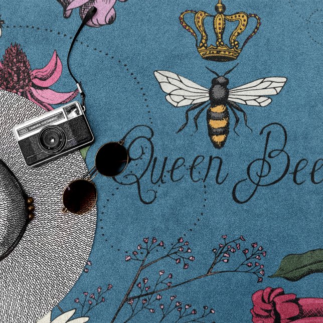 Blue Queen Bee Floral Pattern Beach Towel (Blue Queen Bee Royal Crown Floral Pattern with Queen Bee, Crown, Exotic flowers, bees, beehive)