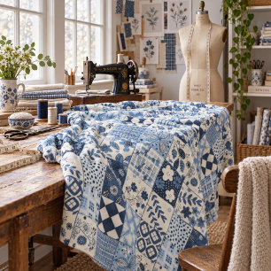 Blue Quilt Patchwork Gingham Cottagecore Floral Fleece Blanket