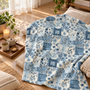 Blue Quilt Patchwork Gingham Cottagecore Floral Fleece Blanket