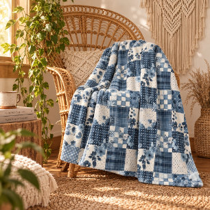 Blue Quilt Patchwork Gingham Cottagecore Floral Fleece Blanket