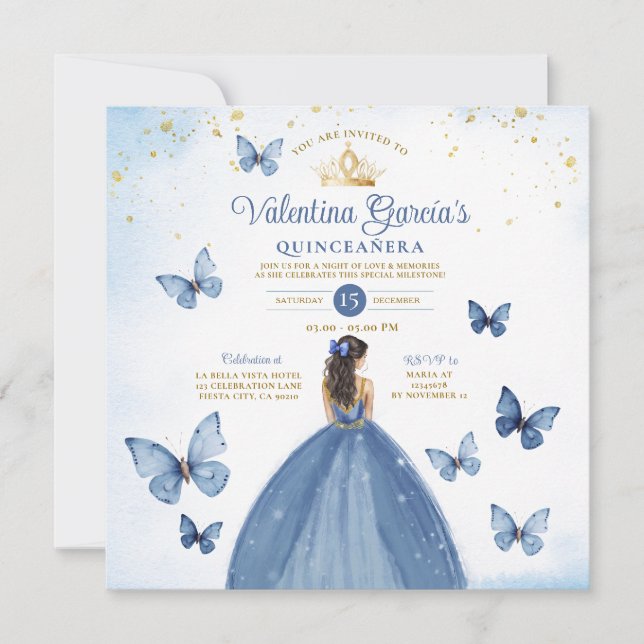 Blue Quinceañera 15 Anos Butterfly Gold Glitter Invitation (Front)