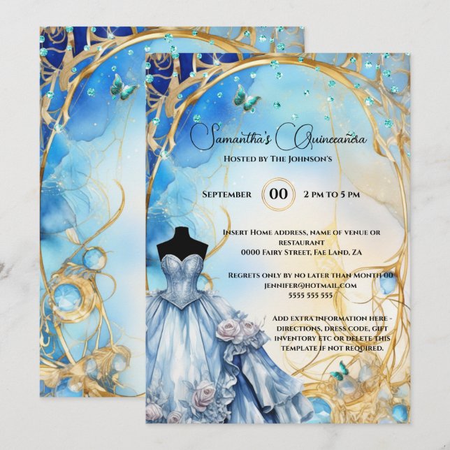Blue Quinceañera butterfly flowers floral quince  Invitation (Front/Back)