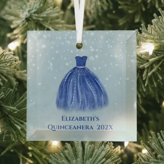 Blue Quinceanera Dress on Starry Blue with Name   Glass Tree Decoration (Insitu)