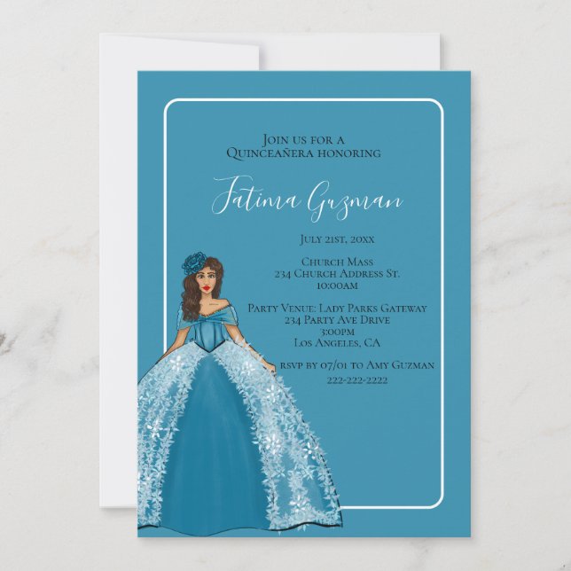 Blue Quinceañera With Flowers Quince Invitation (Front)