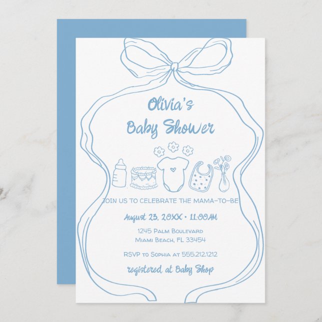 Blue Quirky Hand Drawn Wavy Bow Boy Baby Shower Invitation (Front/Back)