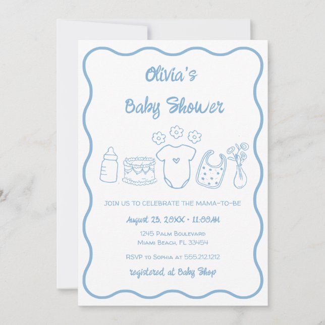 Blue Quirky Hand Drawn Wavy Frame Boy Baby Shower Invitation (Front)