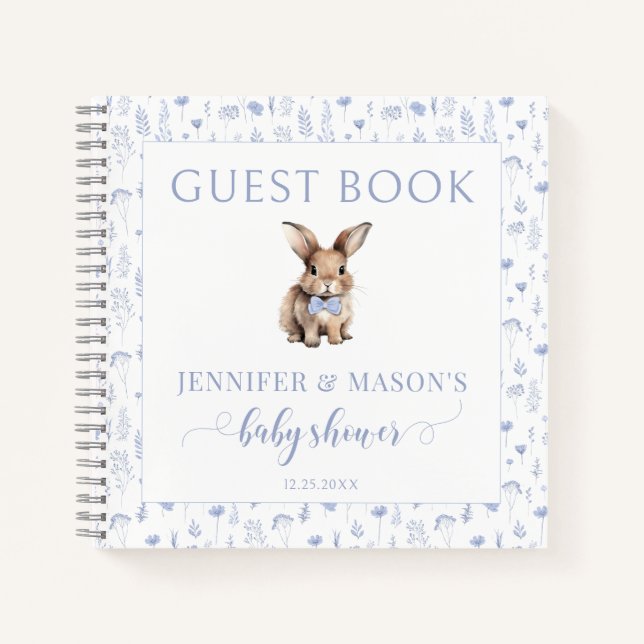 Blue rabbit baby shower guest book gift notebook (Front)