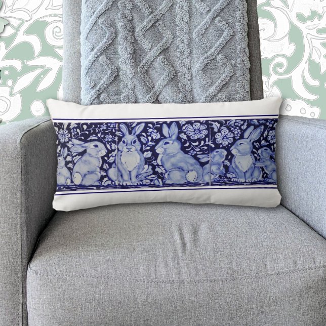 Blue Rabbit Woodland Bird Bunny Delft Dedham  Lumbar Cushion (Creator Uploaded)